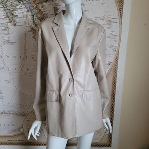 Glam The Refinery beige faux leather blazer notched lapels luxe neutral NWT  M
